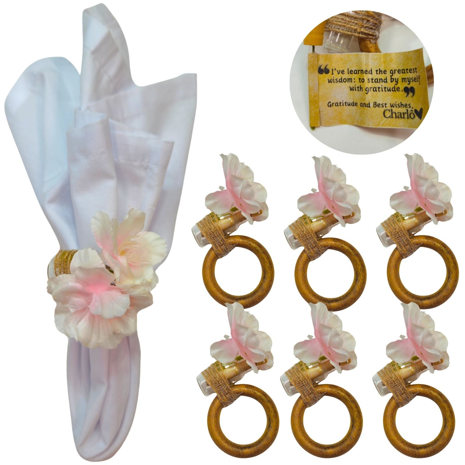 Pink Cherry Blossom Message Napkin Rings Set of 6