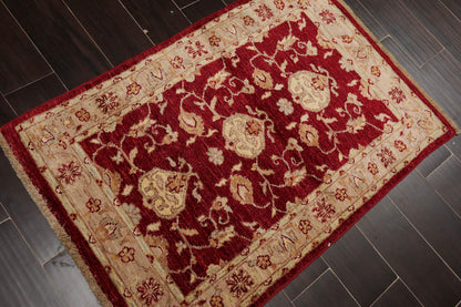 Chobi Peschawar Handgeknüpft 100% Wolle Traditioneller Teppich Weinrot, Taupe 80 cm x 122 cm