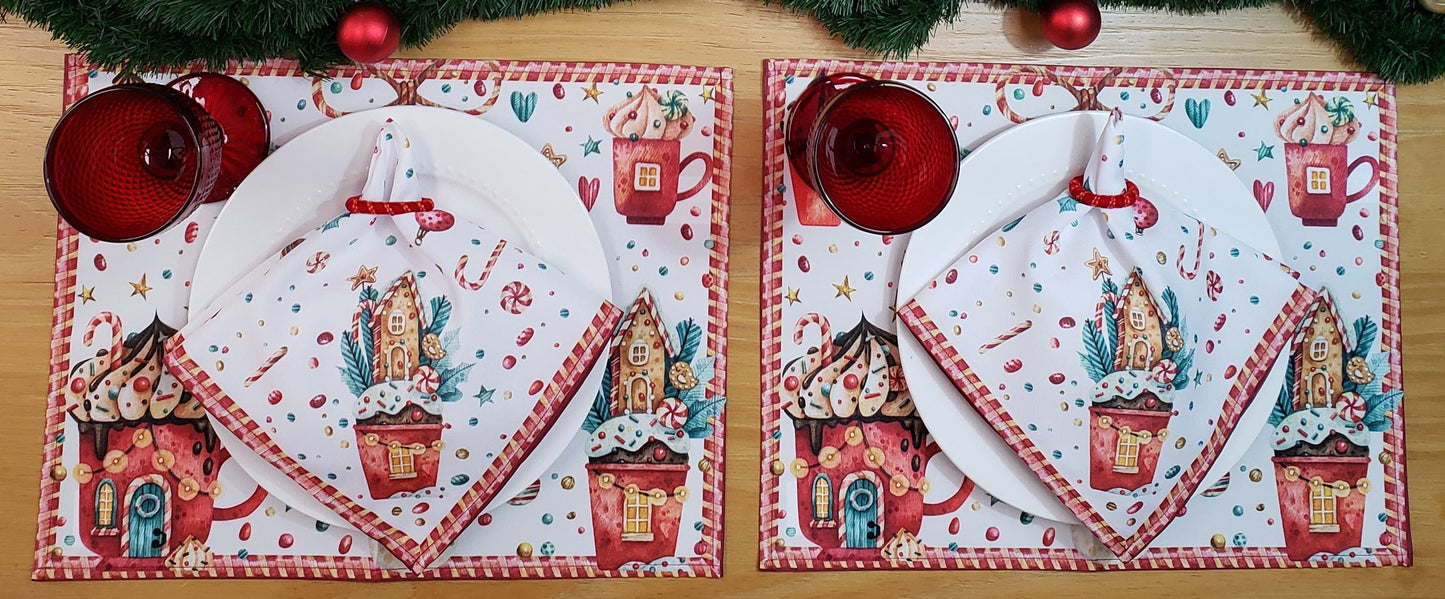 Set aus 4 Platzsets Weihnachten Süßigkeiten Stoff Wasserdicht 43x33 cm - Weiß
