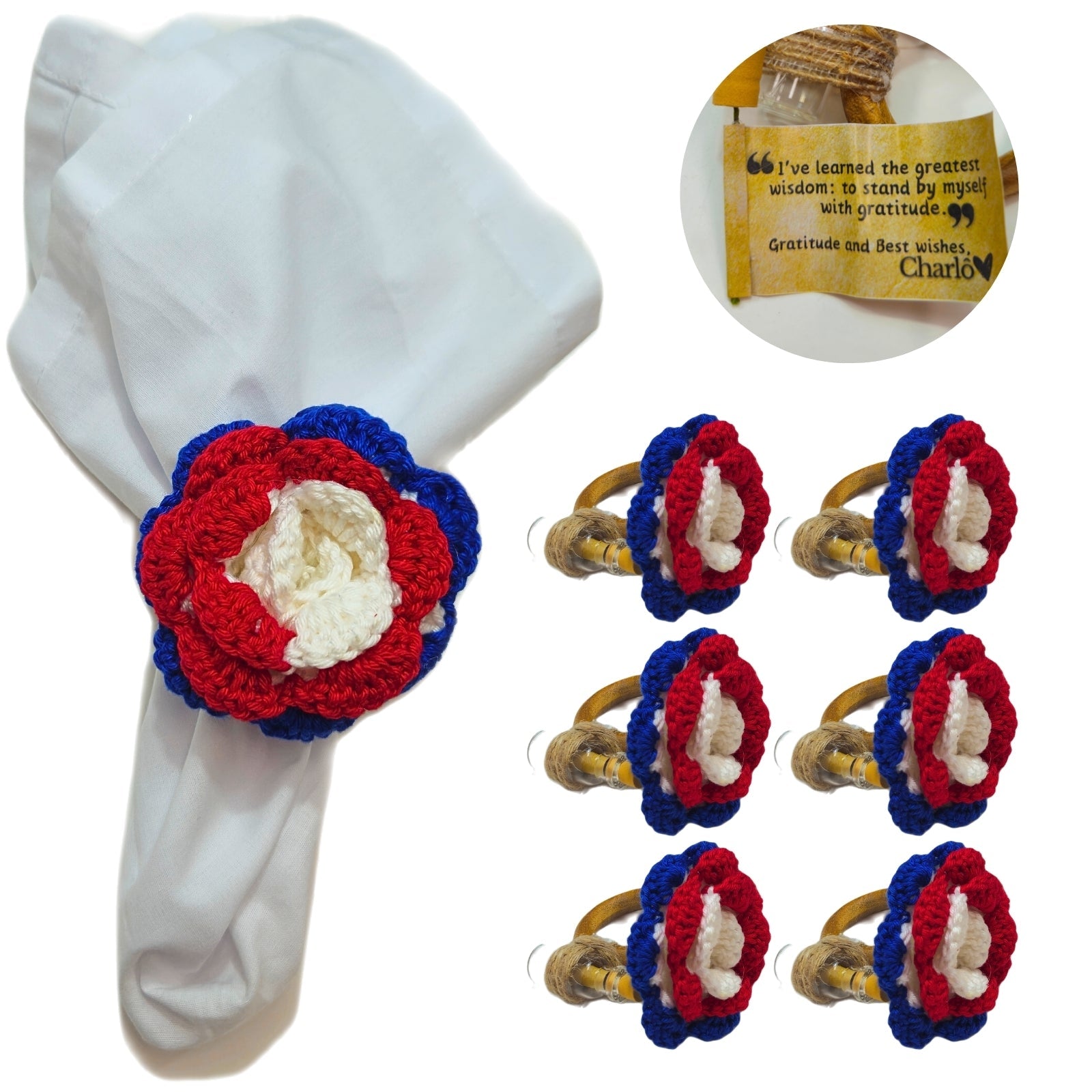 Patriotic Crochet Message Napkin Rings with Glass Bottles