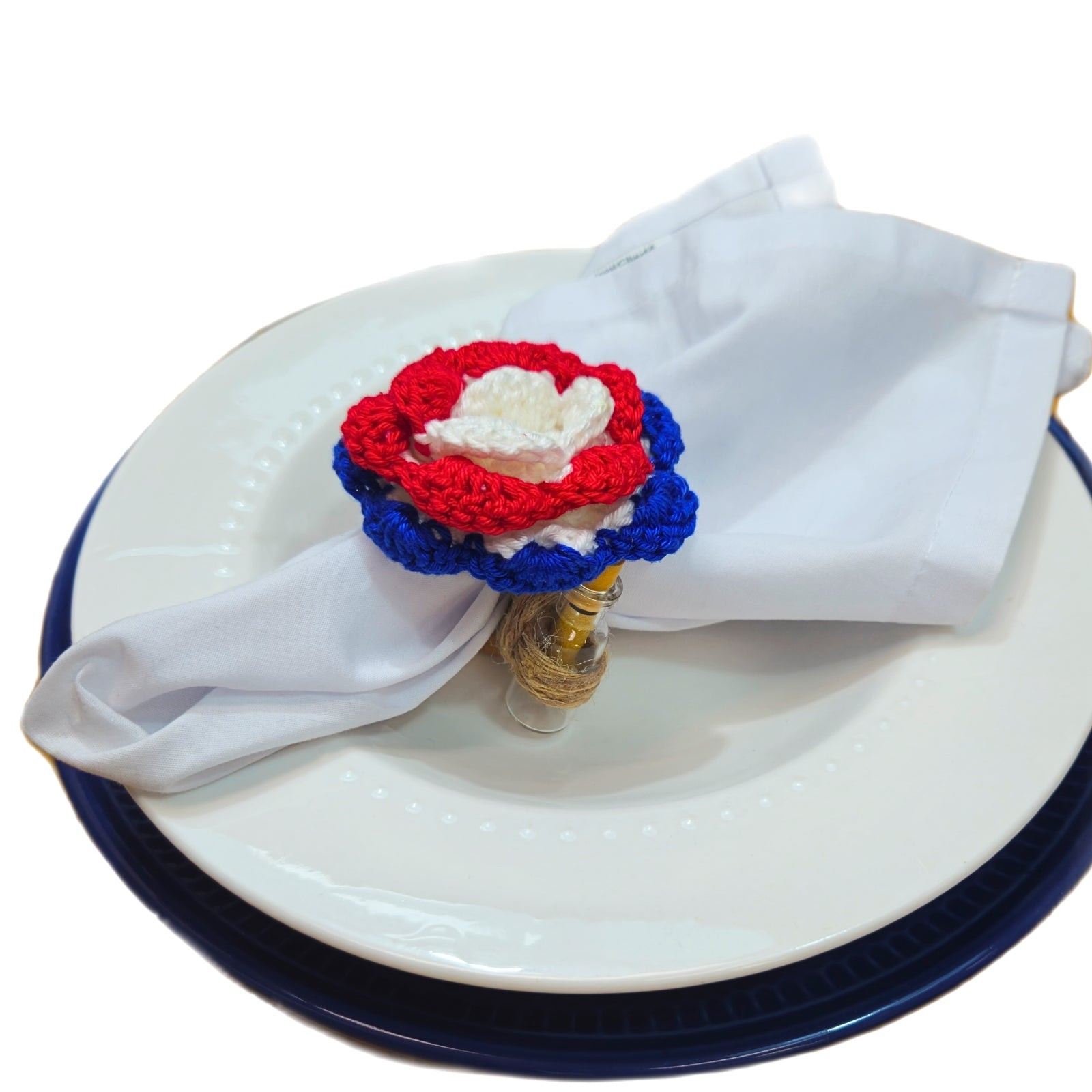 Patriotic Crochet Message Napkin Rings with Glass Bottles