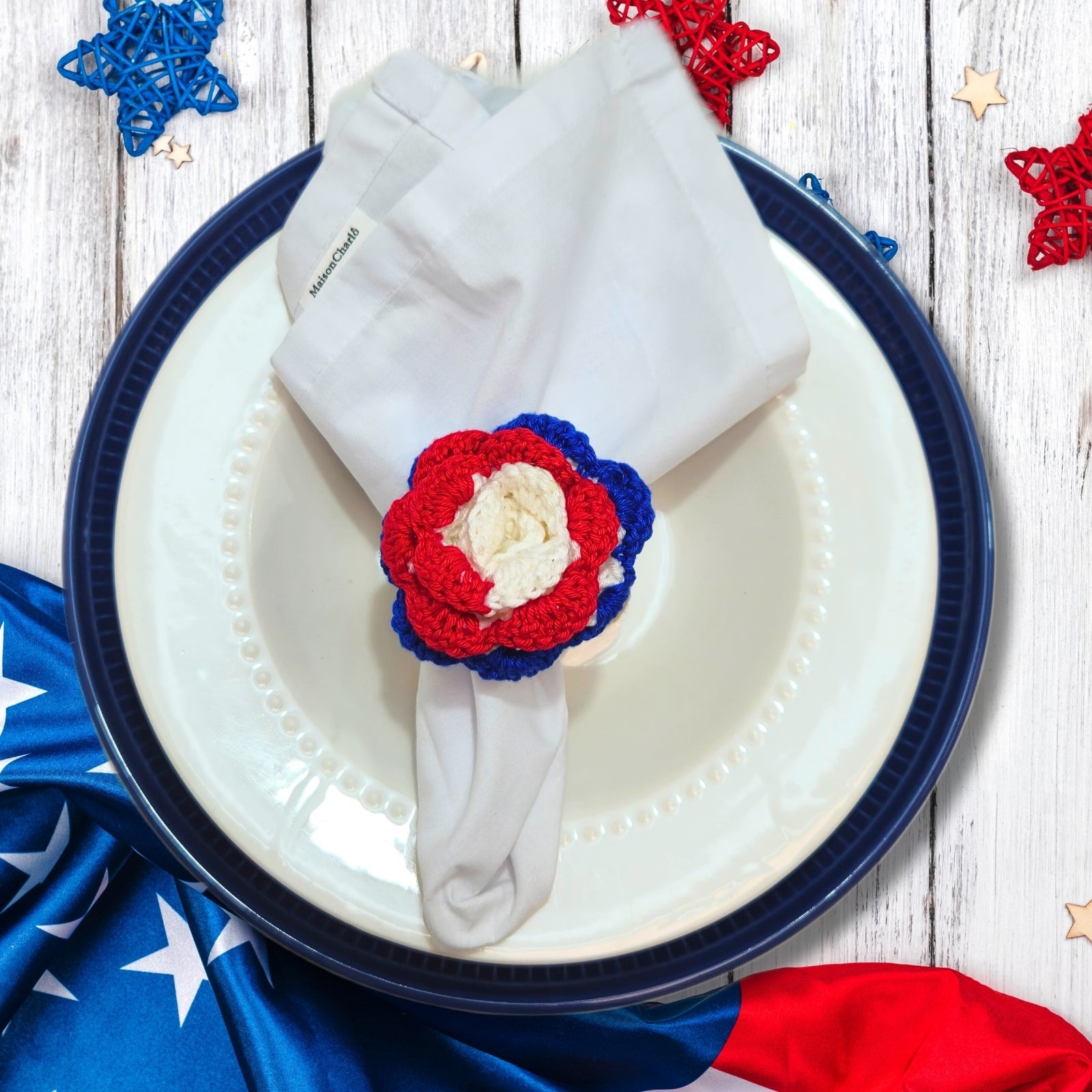 Patriotic Crochet Message Napkin Rings with Glass Bottles