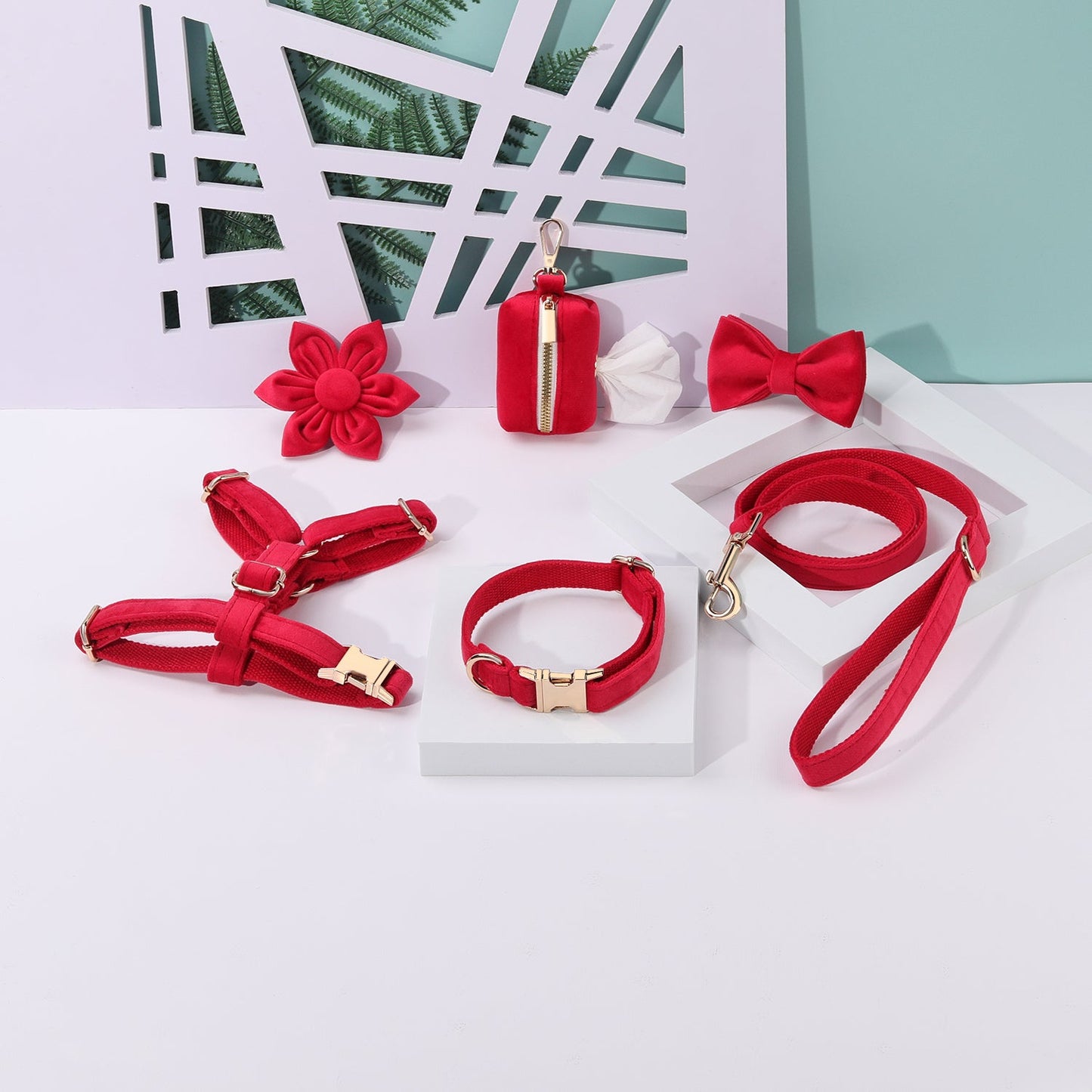Red Floral Step-In Dog Walking Set Bundle, 6-Piece