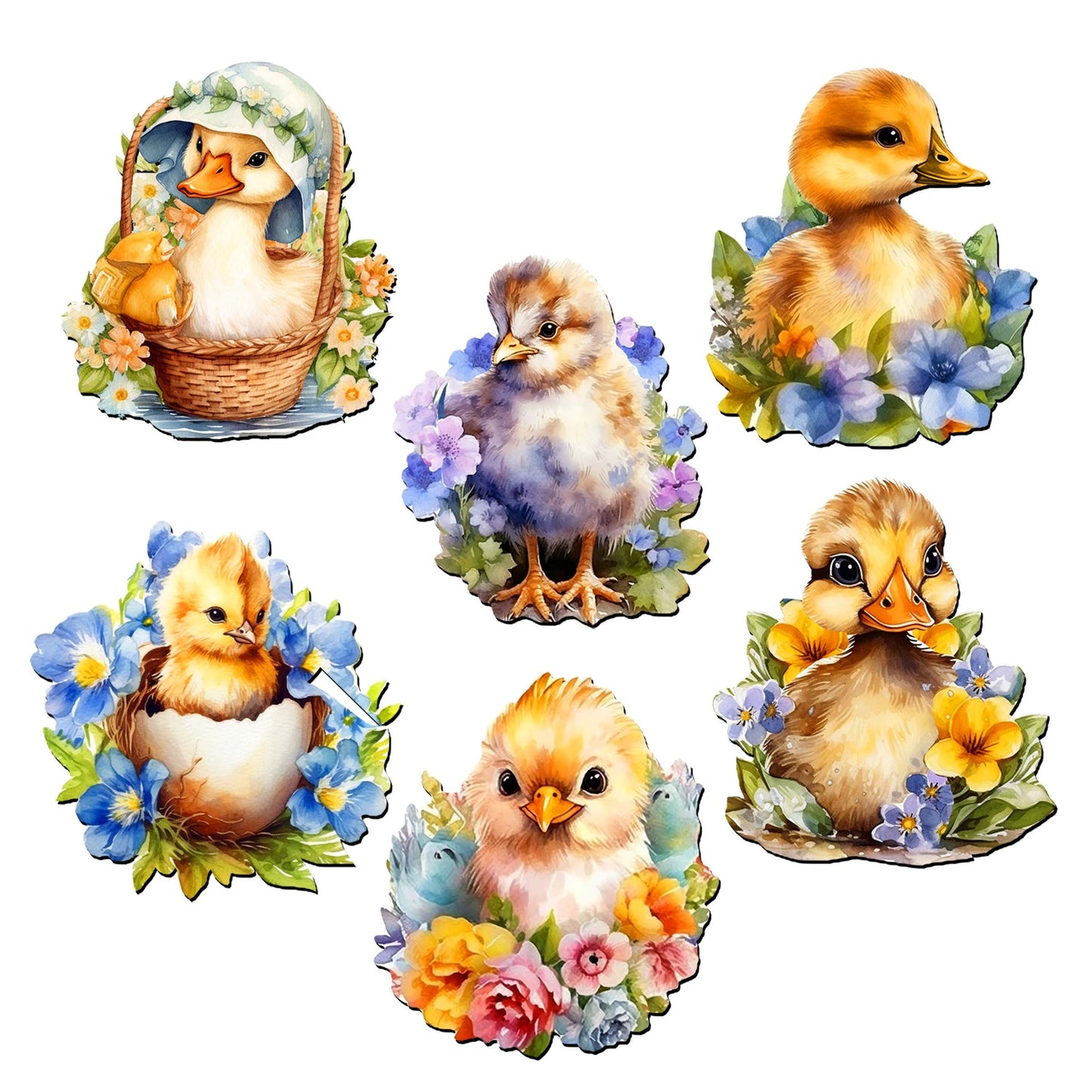 Frühlings-Entenküken, dekorative Öko-Holzmagnete, 6er-Set von G. Debrekht – Osterdeko – 8090055G-S6