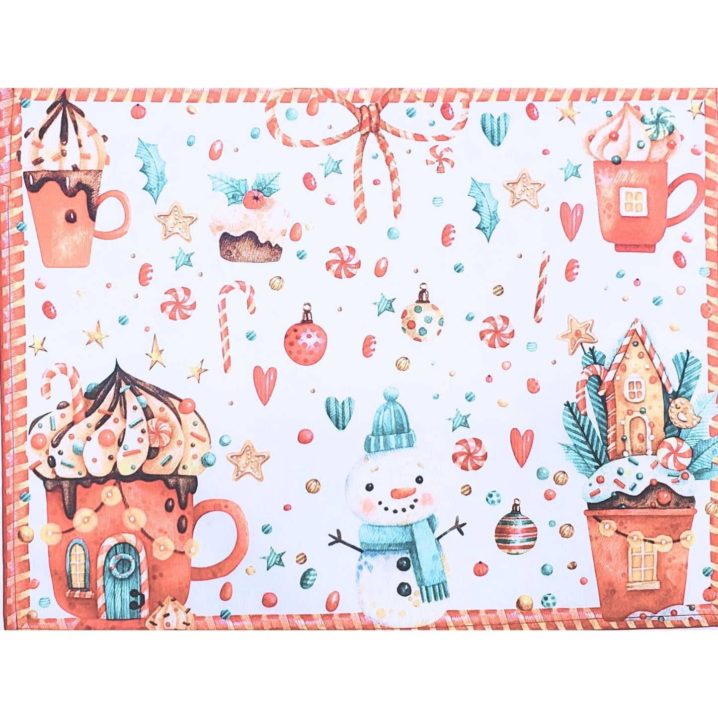 Set aus 4 Platzsets Weihnachten Süßigkeiten Stoff Wasserdicht 43x33 cm - Weiß