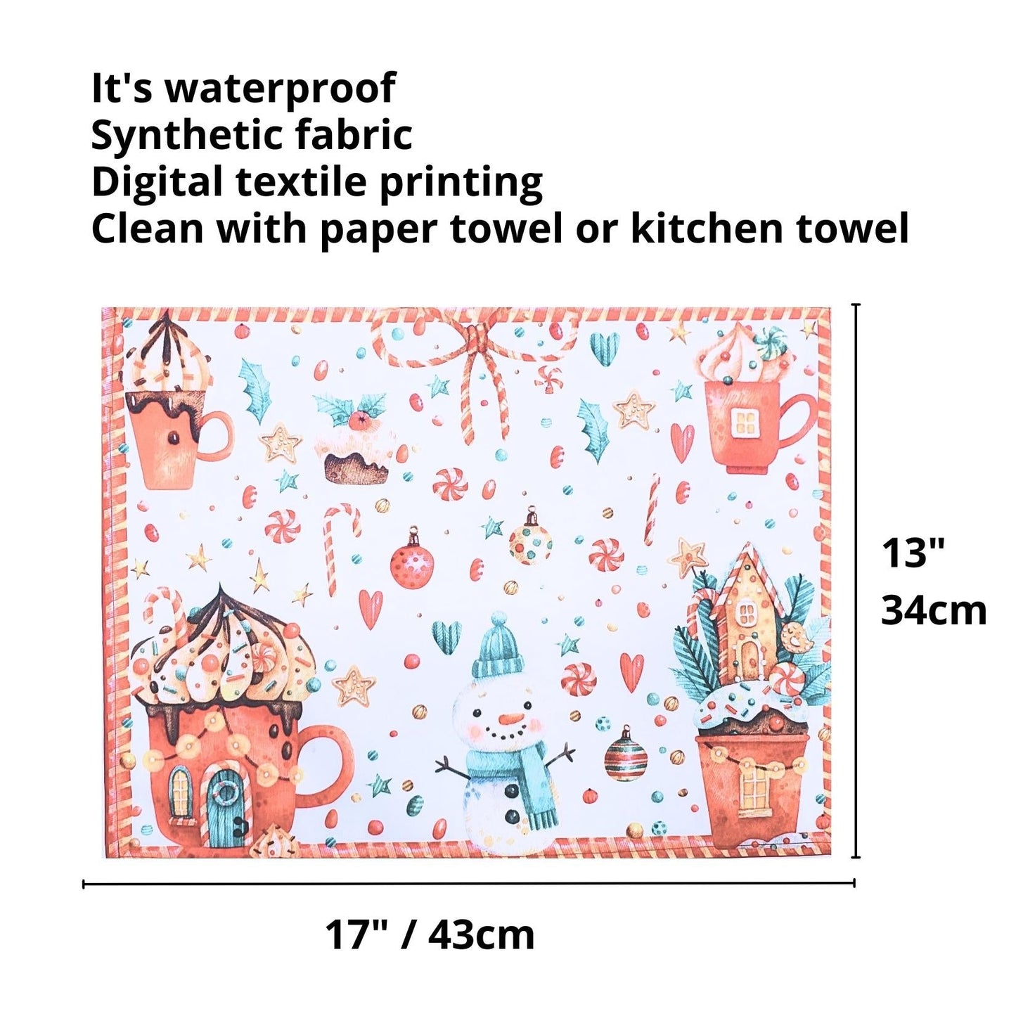 Set aus 4 Platzsets Weihnachten Süßigkeiten Stoff Wasserdicht 43x33 cm - Weiß