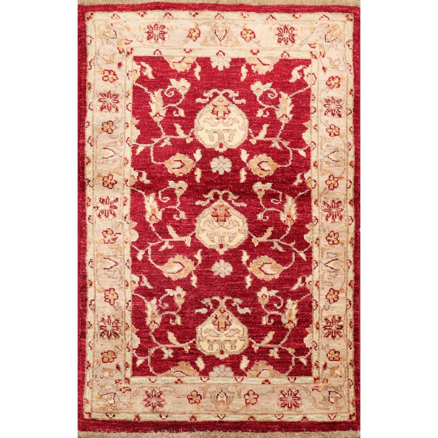 Chobi Peschawar Handgeknüpft 100% Wolle Traditioneller Teppich Weinrot, Taupe 80 cm x 122 cm