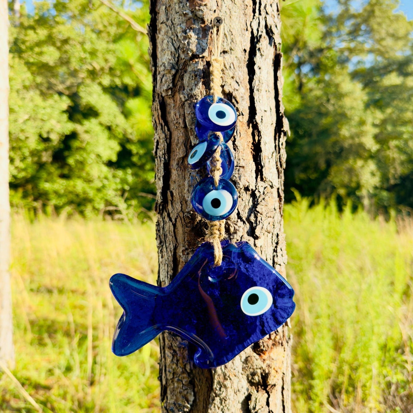 Wall Hanging Macrame Evil Eye Nazar Boncuk Mal De Ojo, Modern Boho Style Home Decor -- Fish Amulet with 6 Evil Eyes, Housewarming Gift