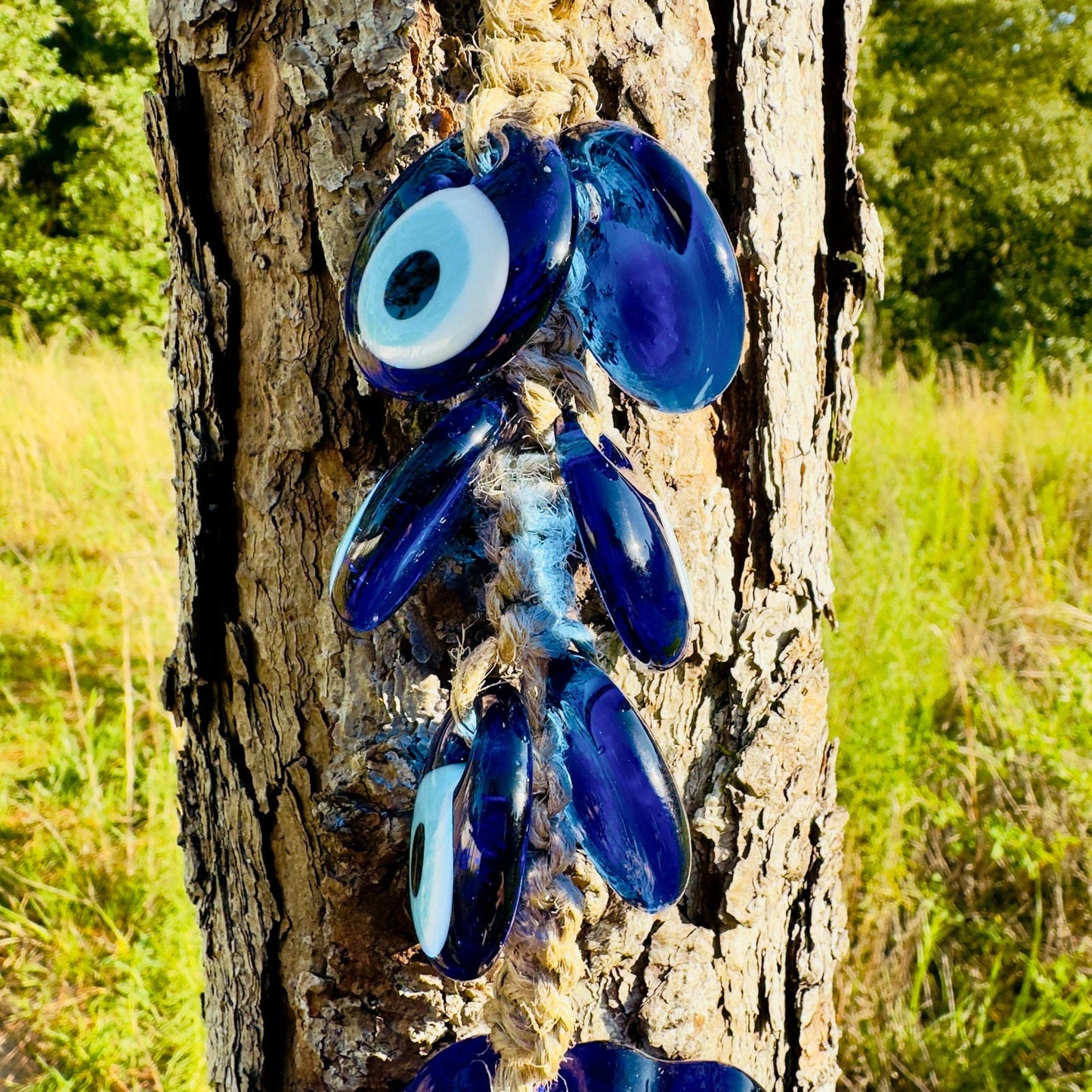 Wall Hanging Macrame Evil Eye Nazar Boncuk Mal De Ojo, Modern Boho Style Home Decor -- Fish Amulet with 6 Evil Eyes, Housewarming Gift