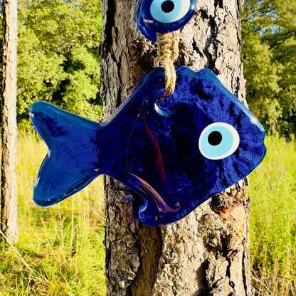 Wall Hanging Macrame Evil Eye Nazar Boncuk Mal De Ojo, Modern Boho Style Home Decor -- Fish Amulet with 6 Evil Eyes, Housewarming Gift