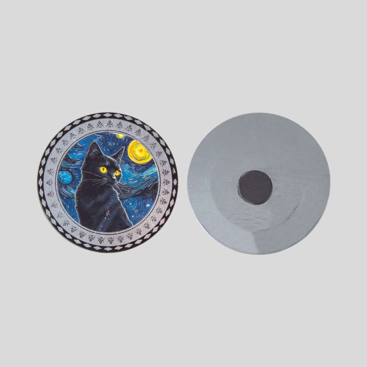 Magnet mit schwarzer Kupferkatze und Sternennachtmotiv