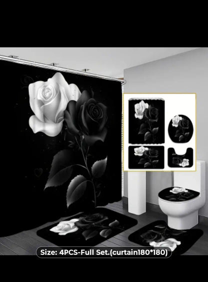 Black And White Rose Bathroom Decor Set, 4-Piece