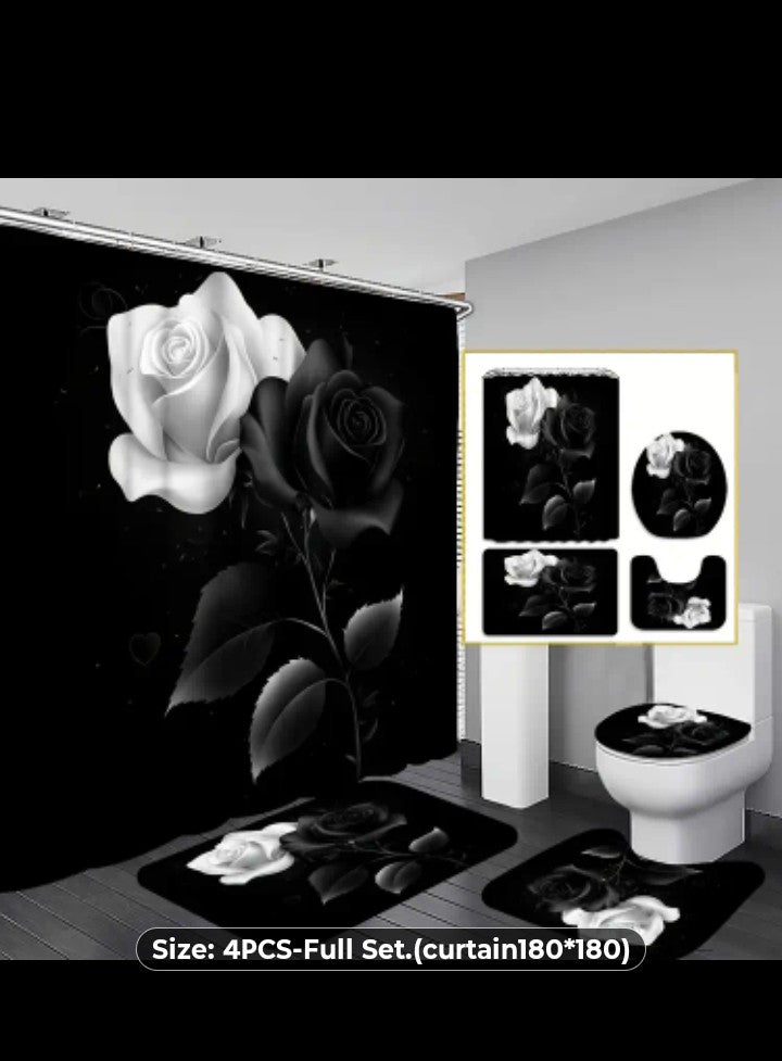 Black And White Rose Bathroom Decor Set, 4-Piece