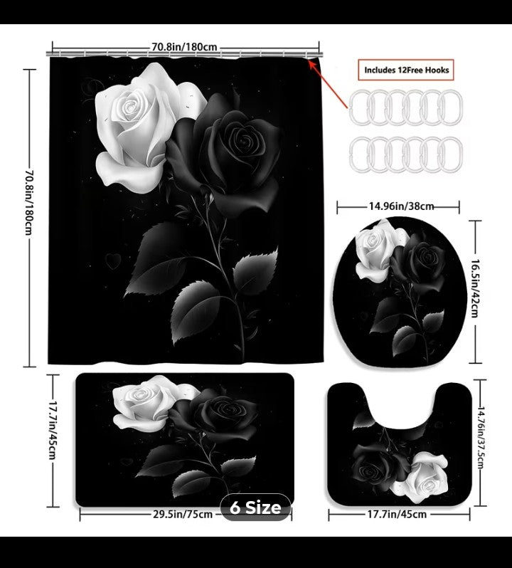 Black And White Rose Bathroom Decor Set, 4-Piece